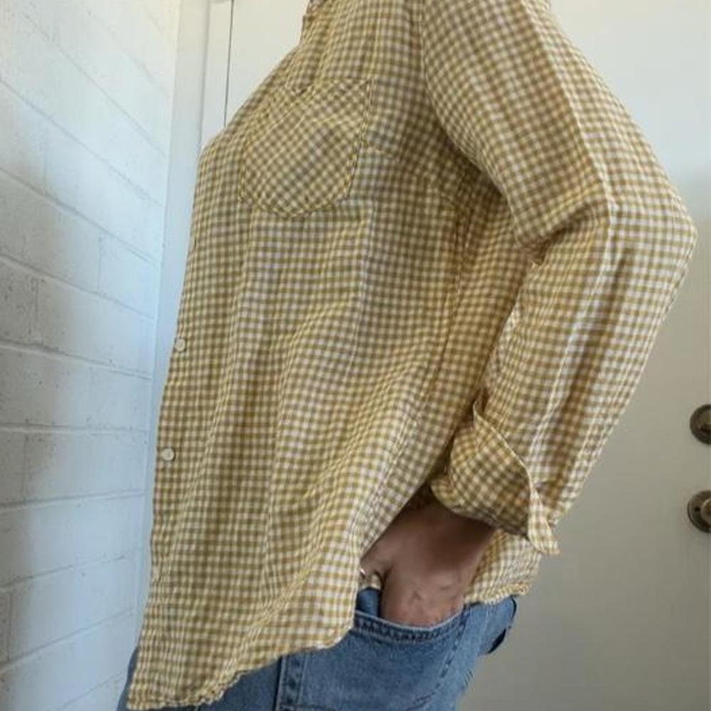 Banana Republic Mustard Gingham Linen Cotton Button Down Shirt Small - Picture 3 of 5